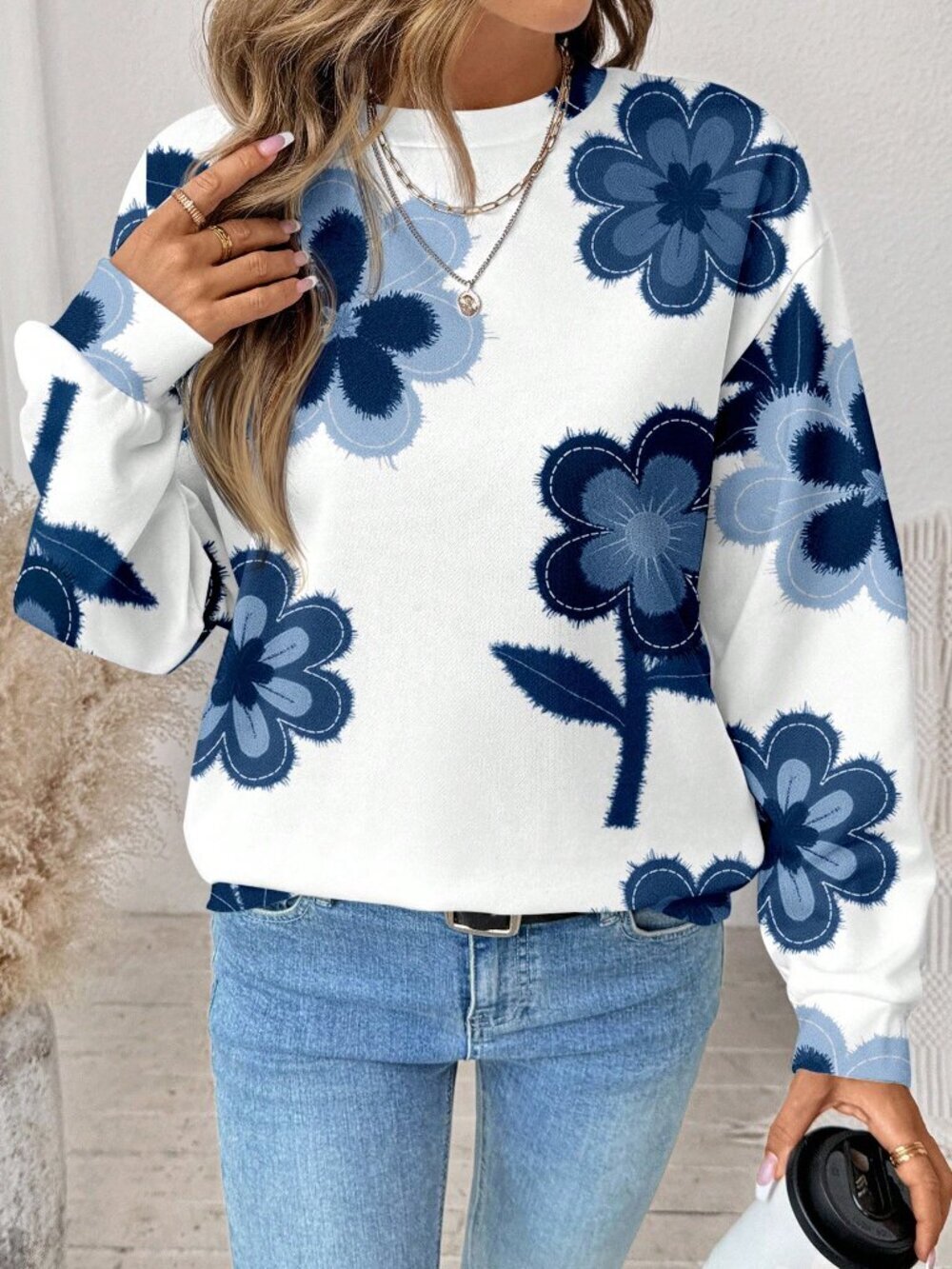 Multicolor Casual Women's Floral Print Loose Fit Long Sleeve Sweatshirt